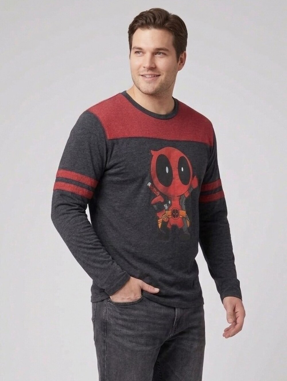 Marvel Deadpool Chibi Graphic Long Sleeve Shirt Large Charcoal Red Varsity